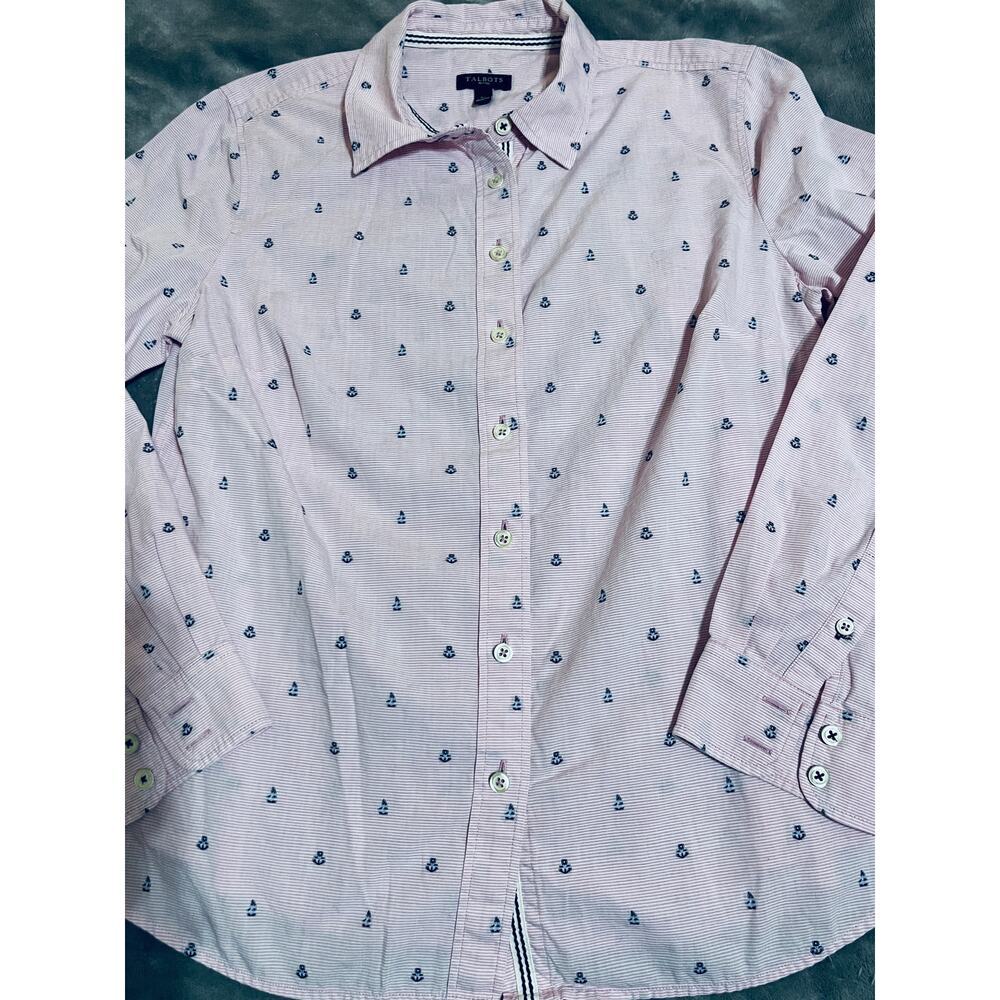 Talbots SZ Small Petite Pink Long Sleeve Button Up Dress Shirt Striped Nautical - Picture 2 of 8